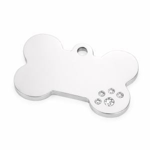 Ocelová psí známka - kost se zirkony vel. M