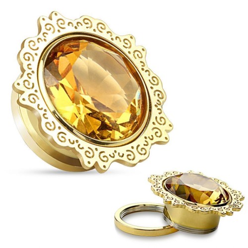 Zlacený plug chirurgická ocel s kamenem HWPS102 (6 mm)