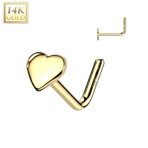 Zahnutý zlatý piercing do nosu - srdíčko, Au 585/1000