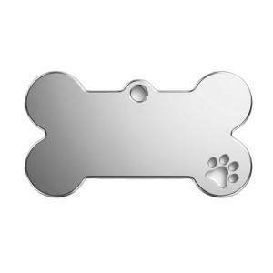 Ocelová psí známka ve tvaru kosti s tlapičkou