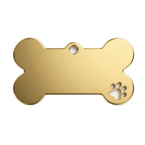 Ocelová psí známka ve tvaru kosti s tlapičkou zlatá L