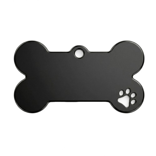 Ocelová psí známka ve tvaru kosti s tlapičkou černá M