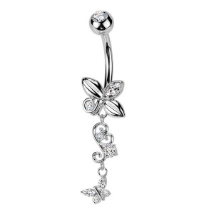 Visací piercing do pupíku s motýlky