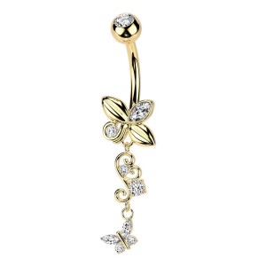 Zlacený visací piercing do pupíku s motýlky