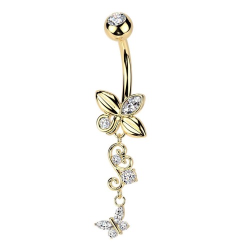 Zlacený visací piercing do pupíku s motýlky