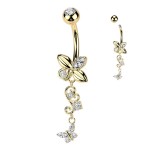 Zlacený visací piercing do pupíku s motýlky