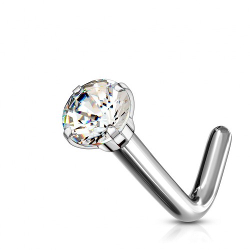 Zahnutý piercing do nosu - titan, čirý kamínek