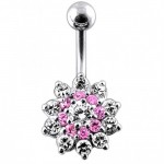Stříbrný piercing do pupíku - kytička (čirá/růžová)