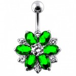 Stříbrný piercing do pupíku - kytička (čirá/tyrkysová)