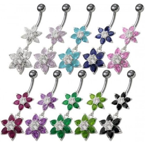 Stříbrný piercing do pupíku - kytičky (čirá)
